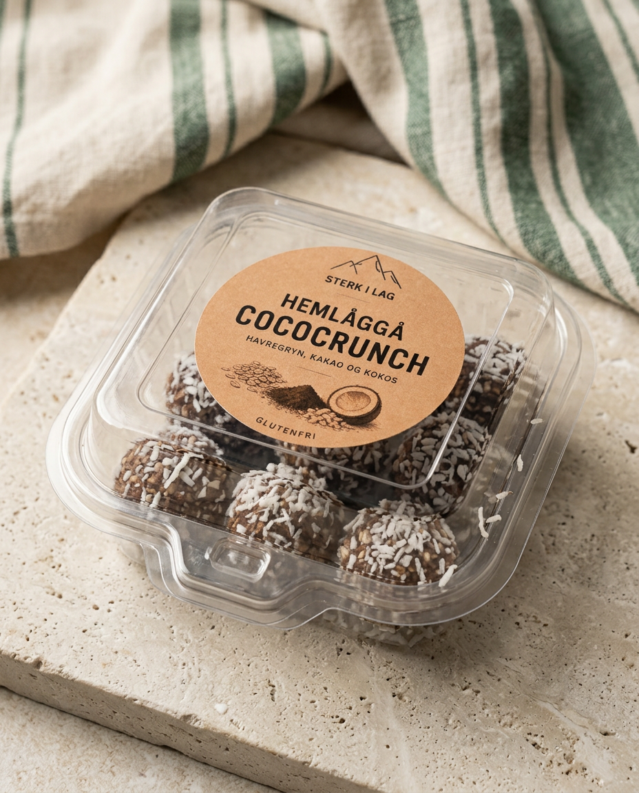 Cococrunch-kuler med kokos samlet i en åpen boks